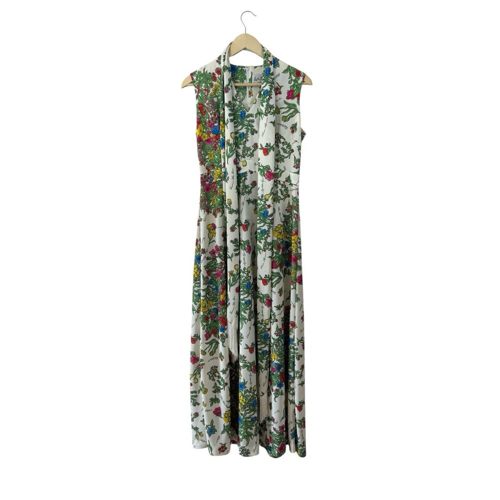 Vintage 1960's Leslie Fay Medium Maxi Dress Floral With Scarf Sleeveless Womens